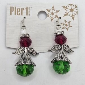 Pier 1 Imports Christmas Angel Earrings Red Green Faceted Beads Silver Tone